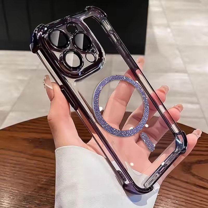 Transparent Plating Shockproof Glitter Magnetic Phone Case For 17 15 16 14 11 12 13 Pro Max Plus 17 Air For Magsafe Cover