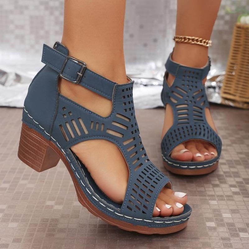 Roman Style Women'S Sandals Breathable And Stylish Hollow Out Fish Mouth Open Toe Ankle Strap Wedges Sandals For Outerwear