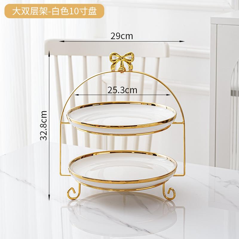 Golden Edged Double-layer Ceramic Tray, Cake Rack, Snack, Fruit Tray, Afternoon Tea Dessert Display Stand, Metal Bow Bracket