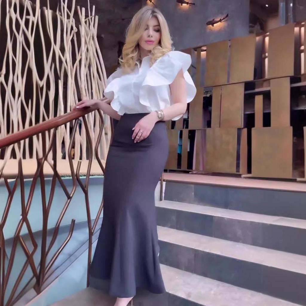 2024 Summer European & American Fashion Solid Color Ruffle Sleeve Top & High Waist Hip Wrap Skirt Set for Women