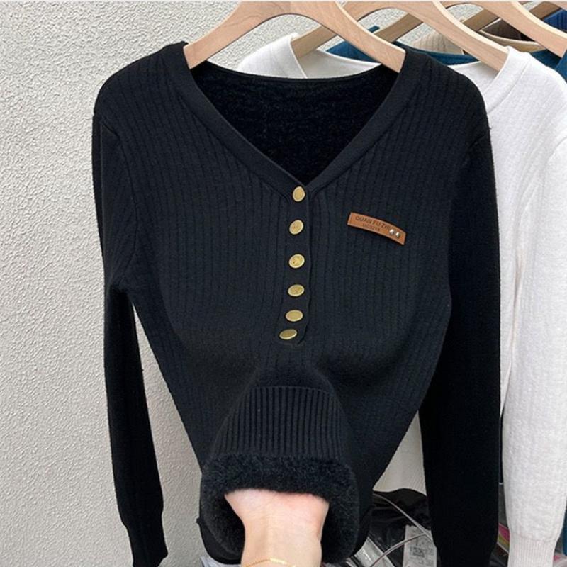 Fashion Plus Velvet Padded Sweater All Match Casual Knit Bottoming Shirt Women Autumn Winter Elegant Slim V-neck Tops