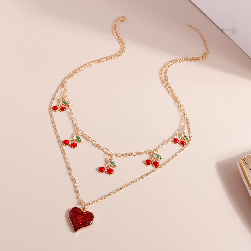 Cute Love Heart Necklace Multilayer Fruit Cherry Necklace Pendants for Women Girls Party Jewelry Gifts