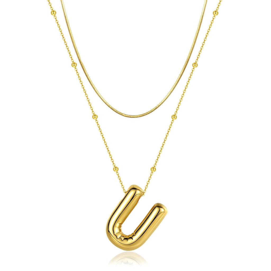 14K Double Round Snake Bone Chain Bead Chain Biscuit Balloon Letter Neck Chain Bubble Letter Foam Letter Necklace