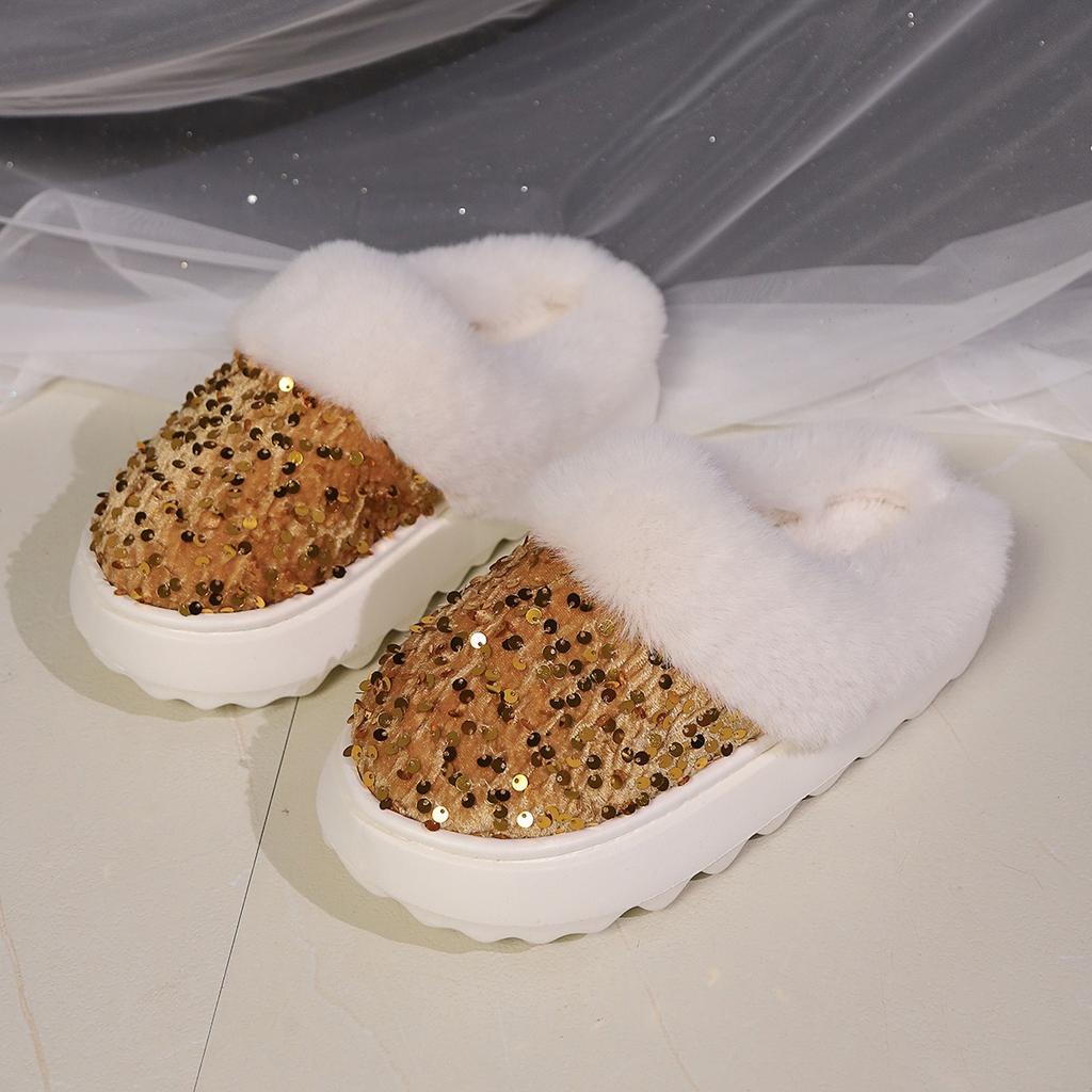 Ladies' Plus Size Casual, Fashionable, Comfortable, Elegant, Simple, Sparkling Sequins, Festive, Thick Sole, Thick and Warm Indoor Home Slippers