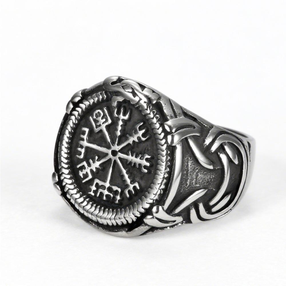 Unique Viking Horn Axe Titanium Steel Ring for Men Edgy Norse Rune Jewelry