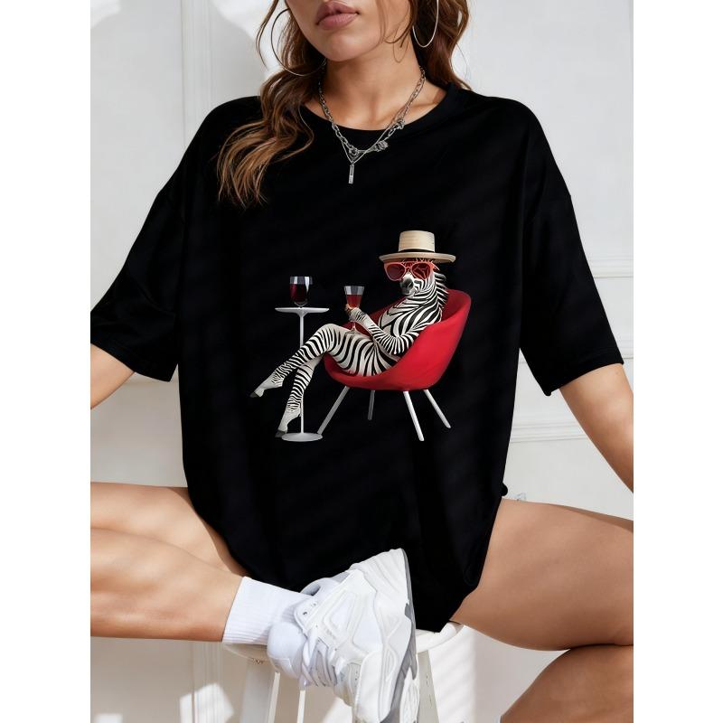 White Oversized T Shirt With Zebra Drinking Wine In Chair Print For Casual Summer Wear