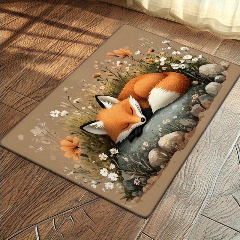 1pc Non-Slip Floor Mat - Cute Fox & Floral Doormat, Machine Washable Soft Polyester Mat for Entryway, Living Room, Bedroom - Rus