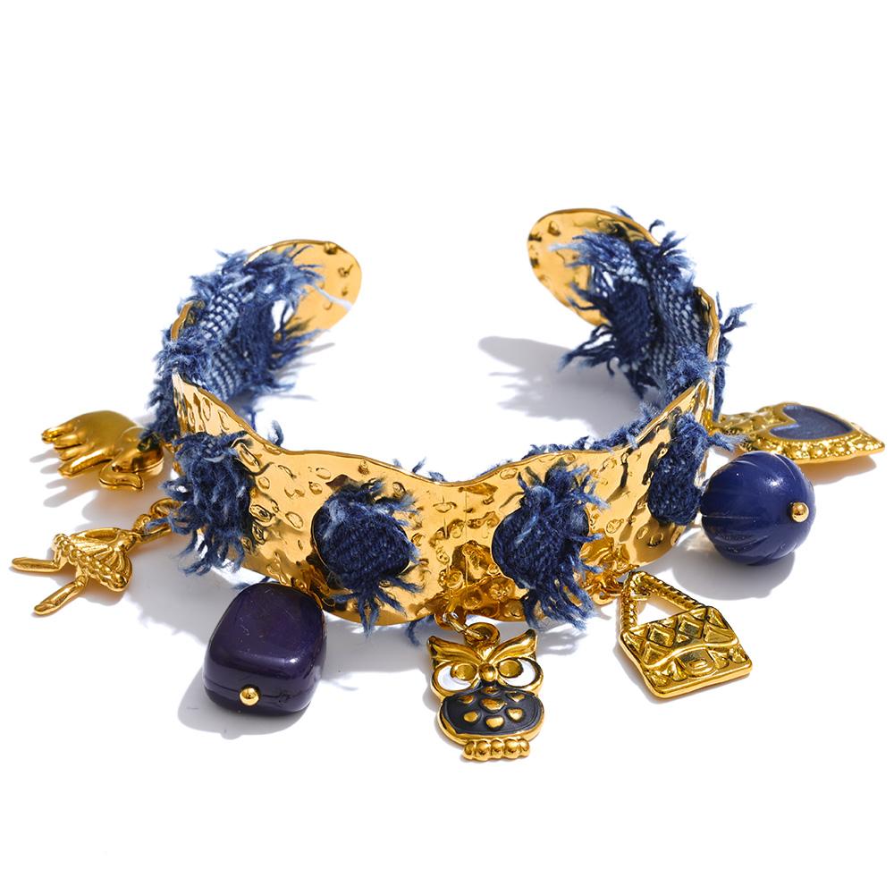 

Eetit Эксклюзивный Дизайн Синий Деним Акриловый Жемчуг Птица Сердце Подвеска Манжета Ретро Браслет Нержавеющая Сталь Отличительный Шарм Ювелирные Изделия золотой