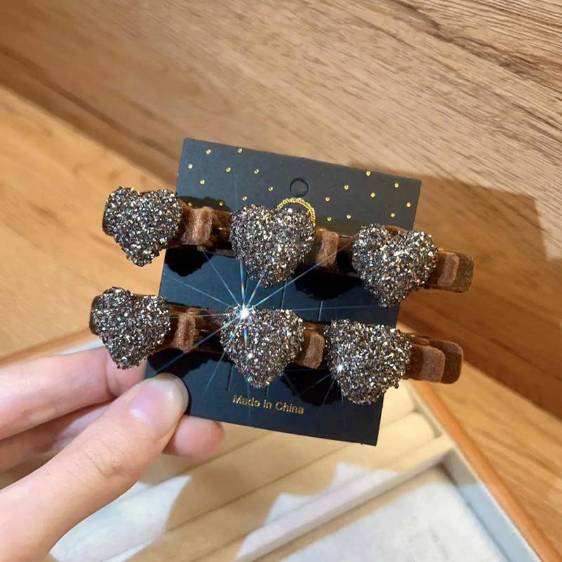 Double Layer Flocked Bangs Side Clip Crystal Love Heart Hair Braiding Hairpins Women Girls Clip Bangs Barrettes Hair Accessories Forehead Bangs Clip