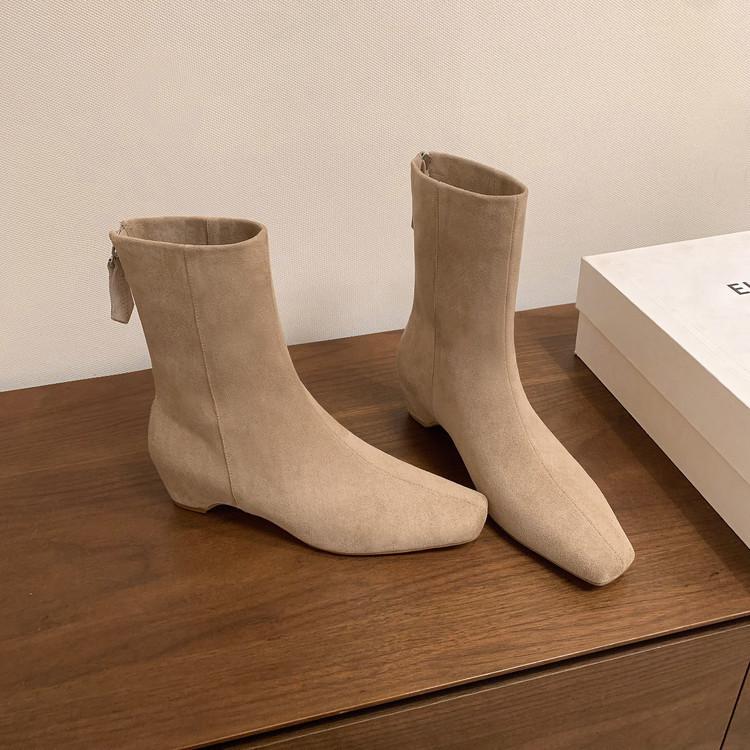 Inside and Outside Full Leather Square Head Rear Zipper Chelsea Boots Cowhide European and Korean Simple Retro Inner Height-increasing Short Boots W