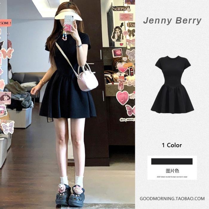 

French retro Hepburn style waist slim-fitting small black dress pure desire to show thinness temperament a word short skirt children summer XL