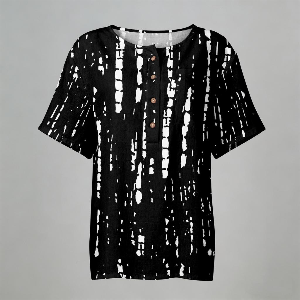 Women’s Casual Printed Henley Button Neck Short Sleeve Cotton Linen Shirt with Chest Pocket and Relaxed Fit for Everyday Wear