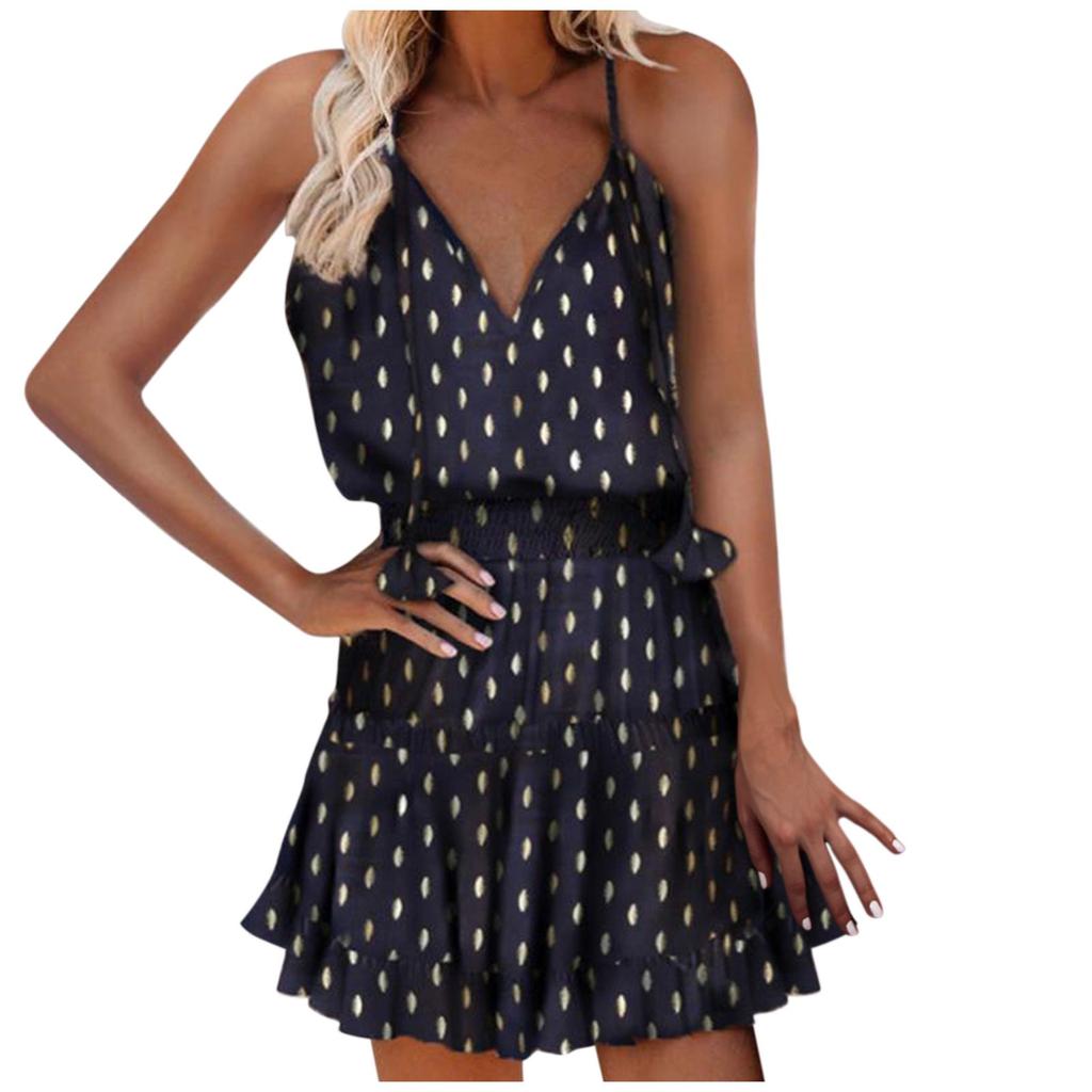 Women Casual Print V-Neck Sleeveless Sling Dress