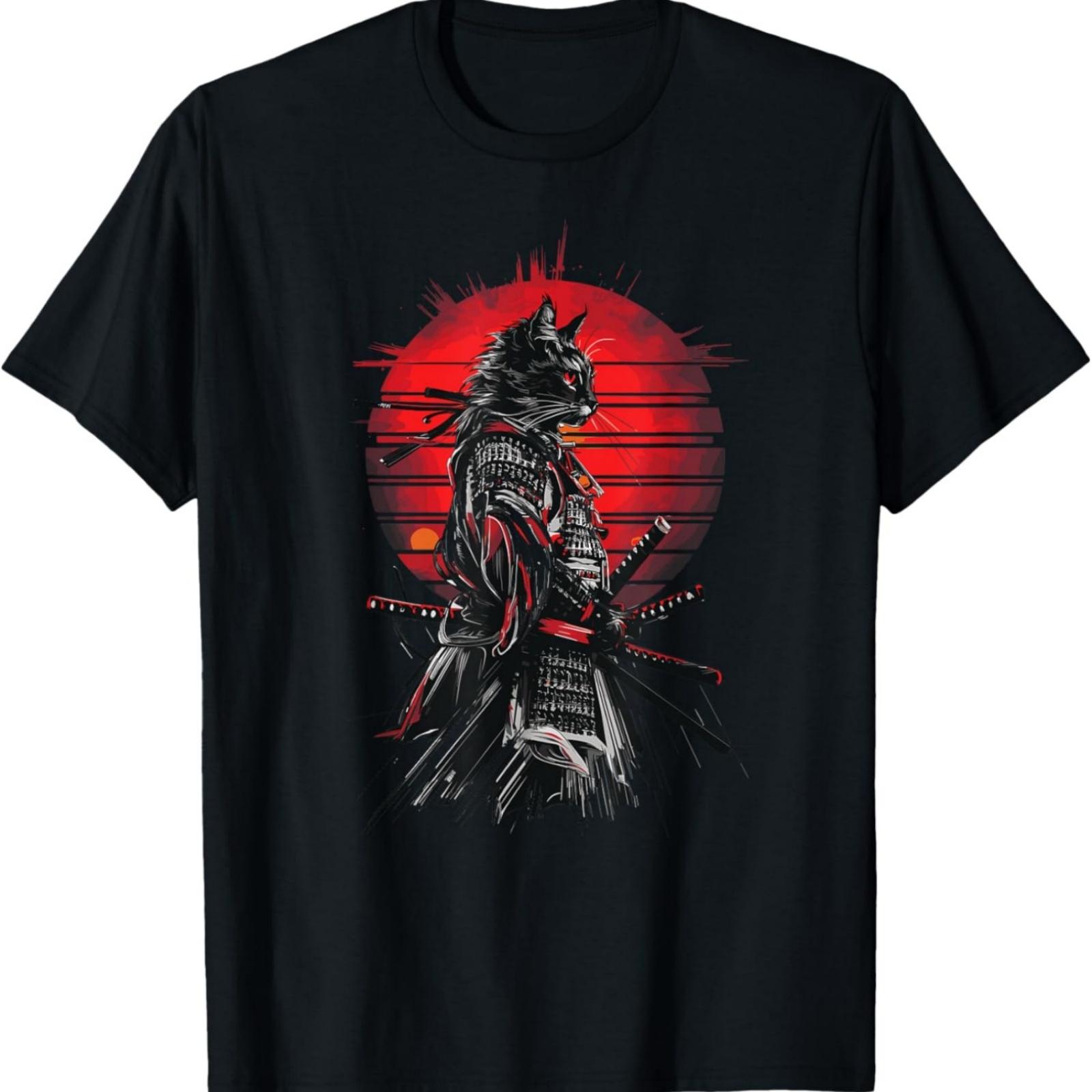 Japanese Samurai Cat Aesthetic Ninja ink Art T-Shirt S
