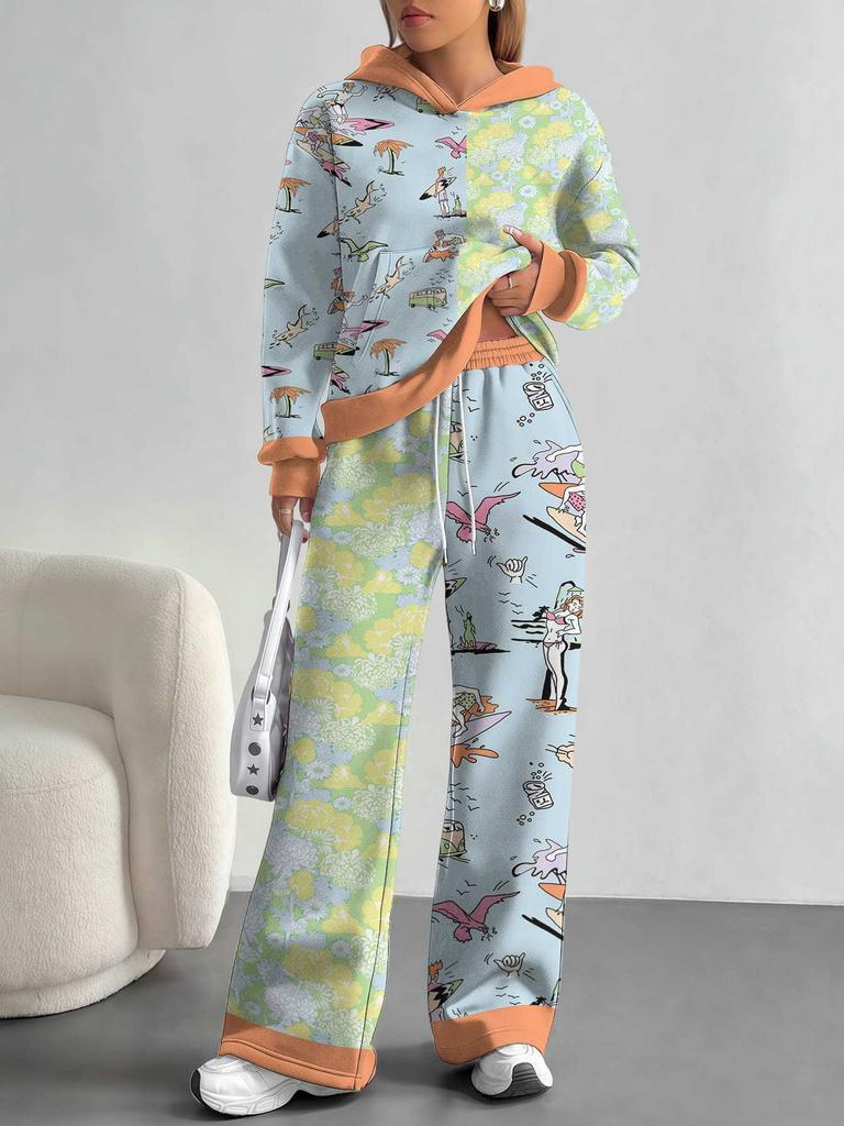 Retro Pattern Splicing European, American Autumn And Winter Casual Long-Sleeved Suit Women'S Hooded Sweater Trousers Two-Piece Set