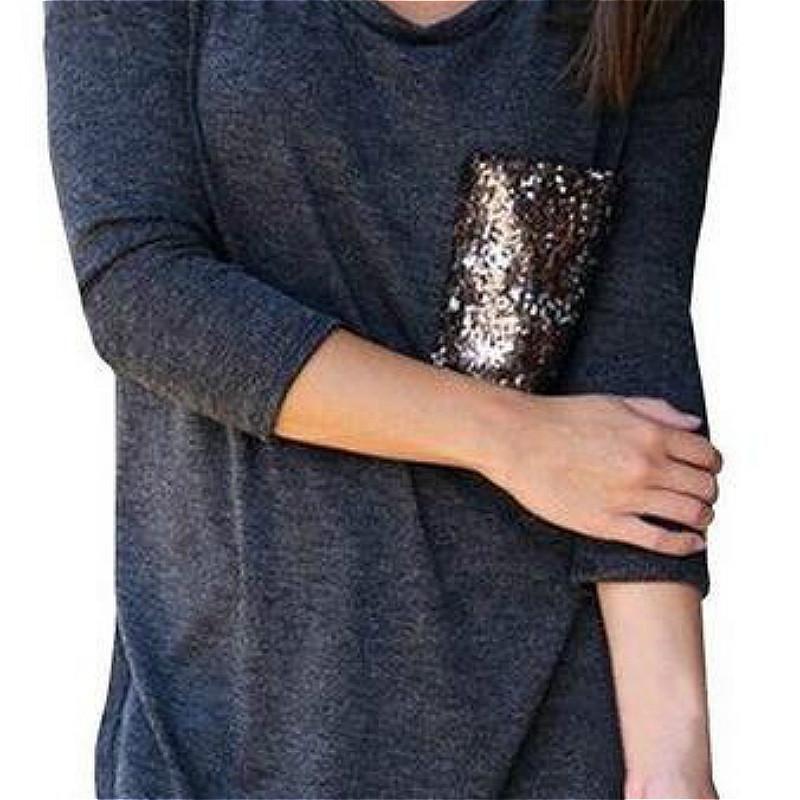 Long Sleeved Tshirt Long Sleeve Blouse Tshirt Pocket Jacket Sequin Glitter
