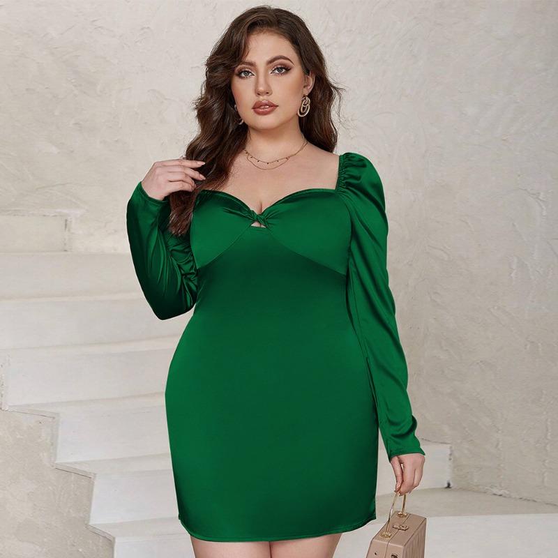 Casual Long Sleeve Tight Dresses for Female Solid Color Dress Women's Square Neck Green Plus Size Dress High Waist Dress Fashion Beach Dress