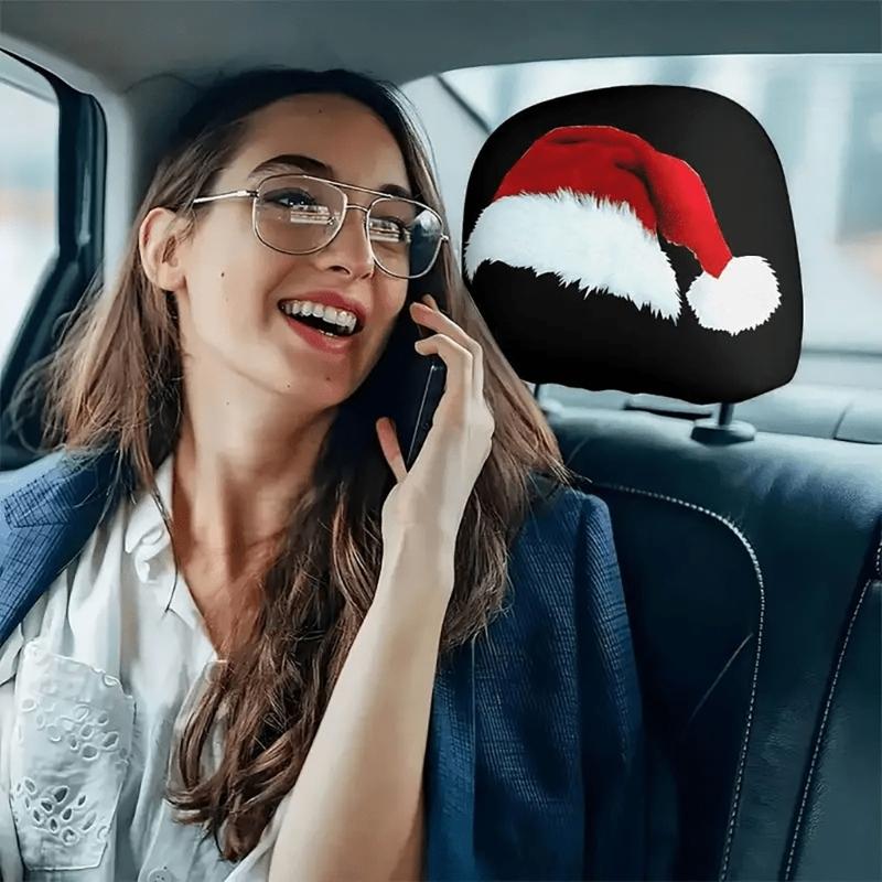Holiday Car Headrest Cover Set, Slip On Polyester Fabric Washable for Christmas Cabin Style, Daily Driving, and Family Cars
