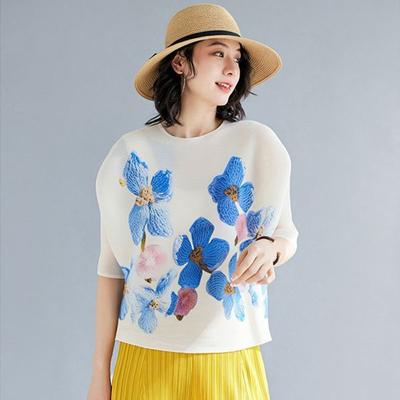 Wrinkled New Summer Top Printed Loose 3/4 Sleeve T-shirt High End Elegance and Age Reducing Women's Thin Style
