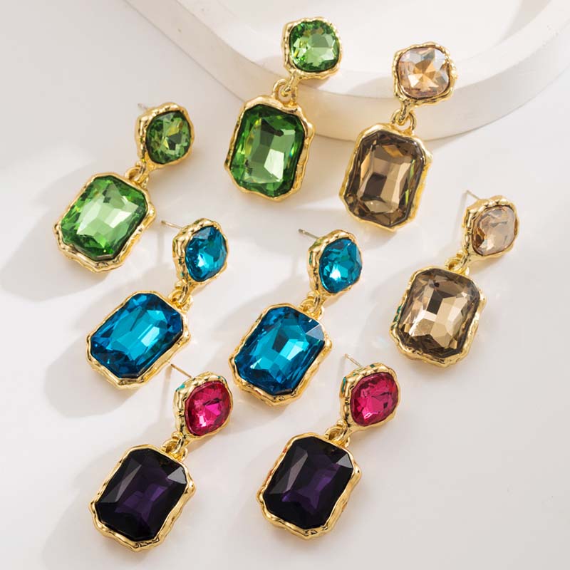 Bohemian Colorful Crystal Square Pendant Earrings For Women Girls Vintage Gold Color Geometric Earrings Wedding Jewelry