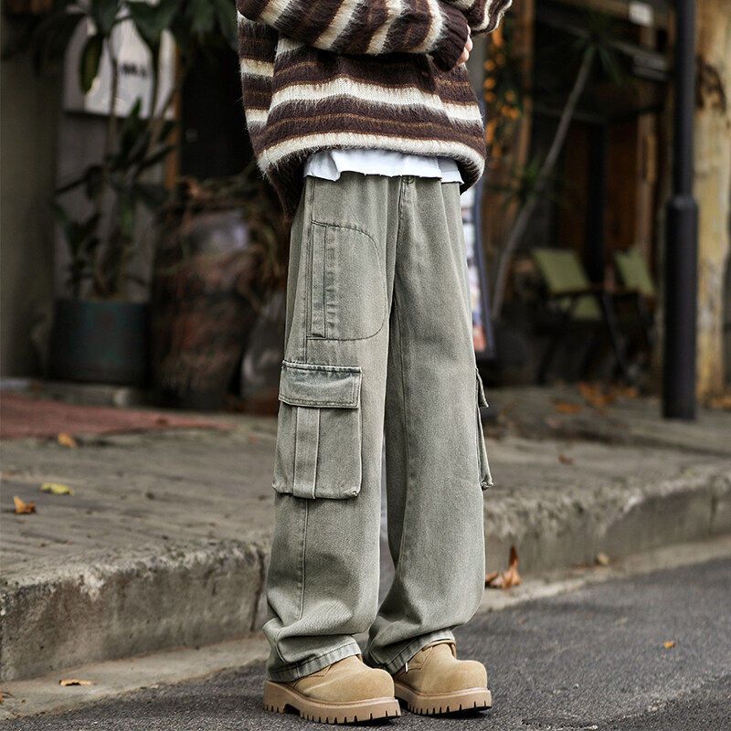 Fornines Men's Vintage Casual Workwear Jeans, Hong Kong Style, Fourth Ninety Day Men's Wide-Leg Pants