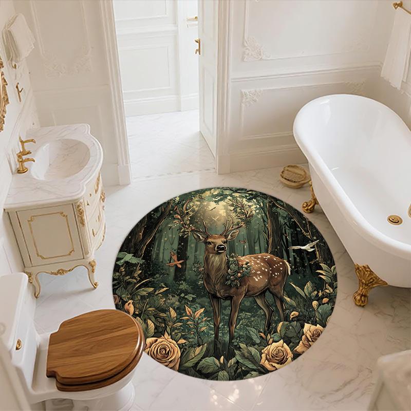 Forest Deer,Round Area Rug,Carpet Rug for Living Room Bedroom Sofa Playroom Decor,Non-slip Floor Mat