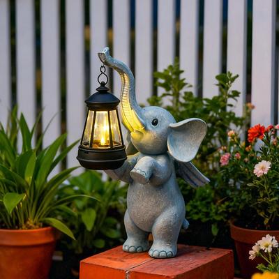 Éléphant Solaire Statue de Jardin Décor Extérieur Clôture Lumière Lumières Sculpture Résine pour