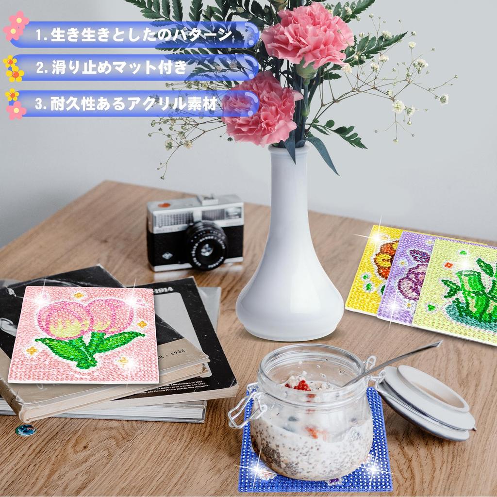 LUCKYBEE Diamond Art Coaster Kit, Flower Bead Art Set, 5D Diamond Painting Kit, DIY Diamond Painting with Holder, Craft Kit for Beginners, Adults,