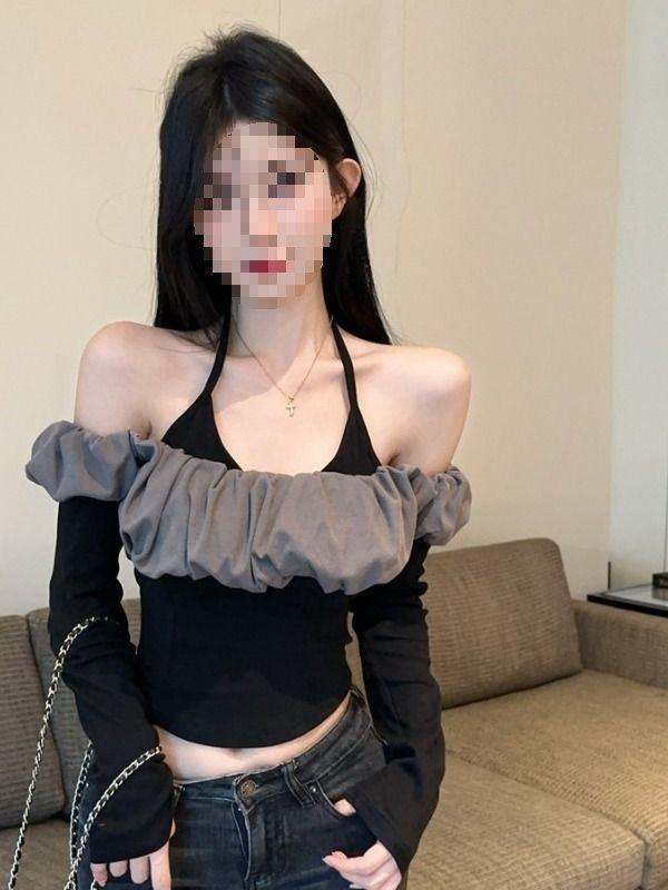 Private Style Oversize Oneshoulder Blouse With Color Block Ruffle For Autumn Wear