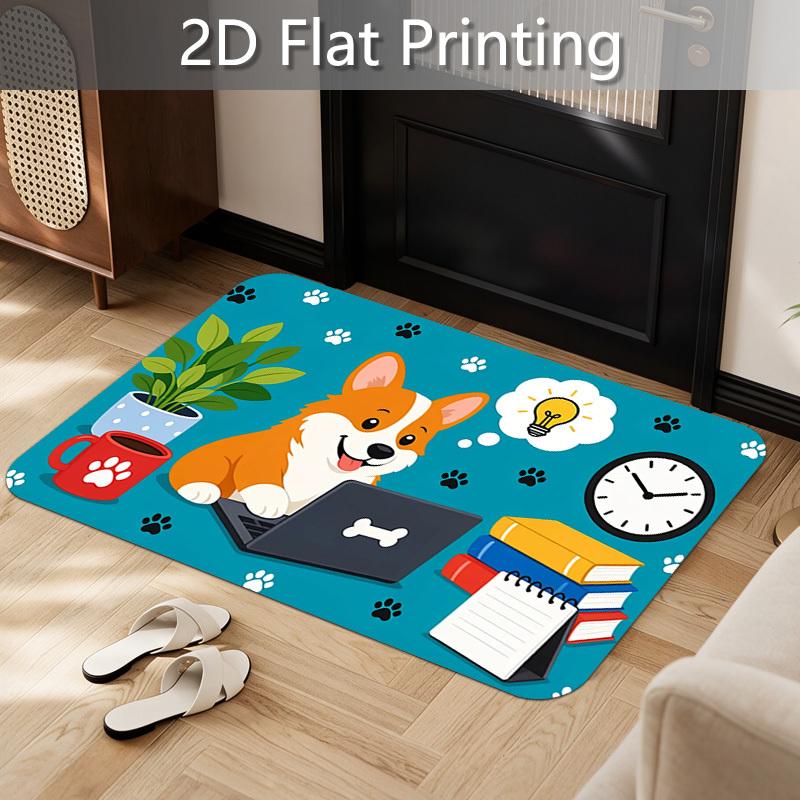 1pc, 2D Flat Printing, Blue Background Office Corgi Book Clock Paw Print Cartoon Print Entry Door Mat, Flannel Material, Sponge Thickness 1.02 cm, Per