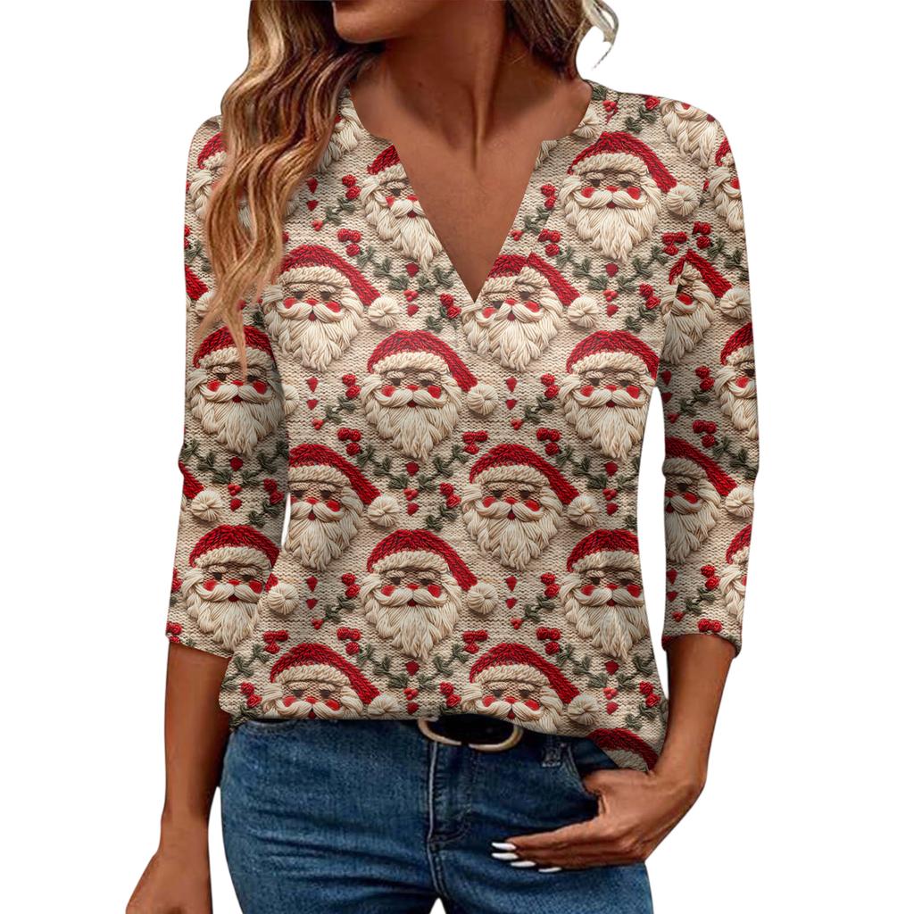Women's Casual Fashionable Sexy Comfortable V-Neck Christmas Three-Quarter Sleeve Top