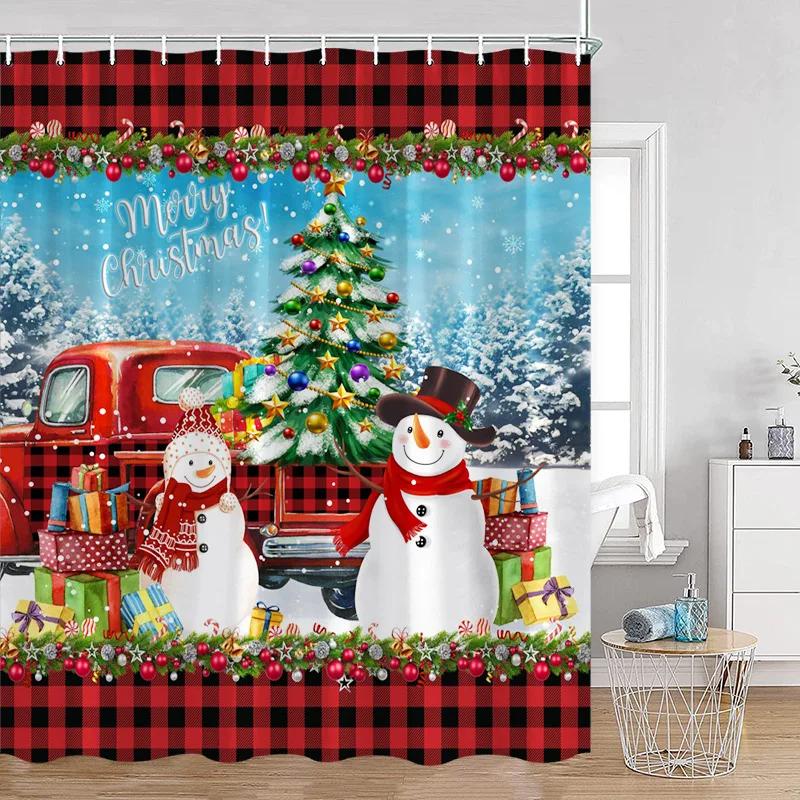 Blue Snowman Shower Curtain Fir Branch Xmas Ball Gift Snowflake Winter Christmas Bath Curtain Set Home Bathroom Decor with Hoo