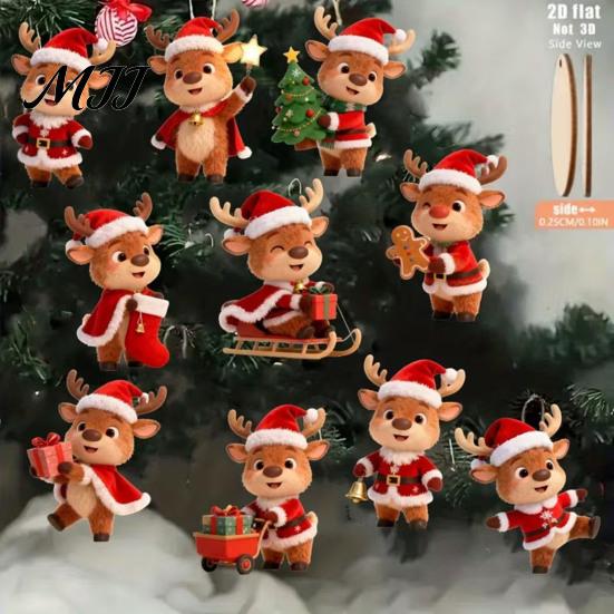 Xmas Holiday Party Supplies Christmas Elk Ornaments, 2D Flat Wooden Cute Reindeer Hanging Decoration, Cartoon Wood Deer Decorations Pendants with Hat