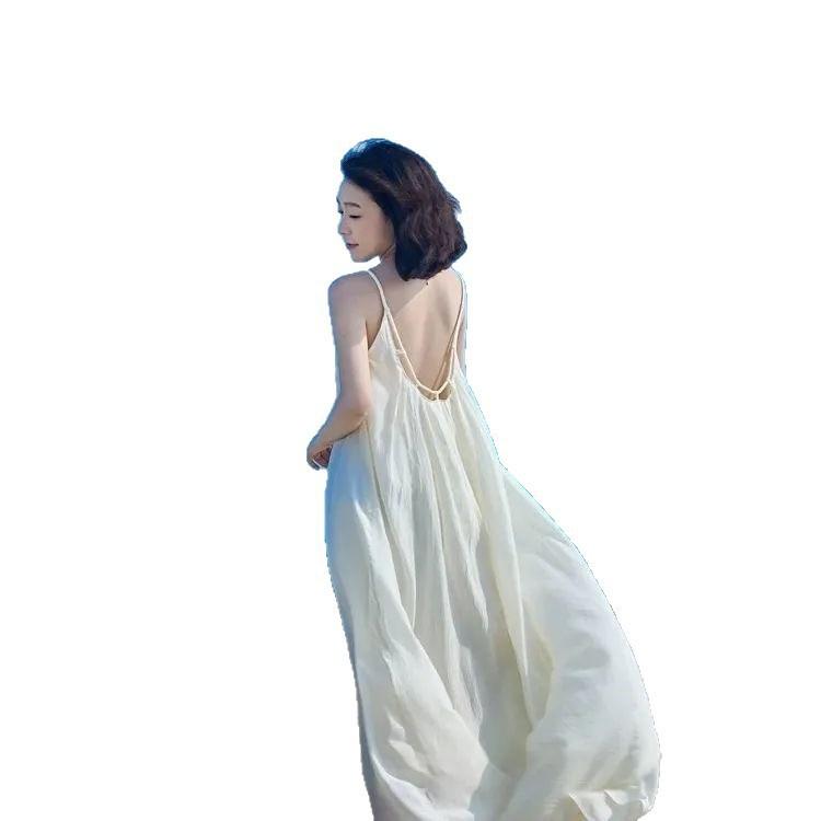 Large Size Seaside Vacation Suspender Fairy Dress Summer Beach New Thin Backless Long Dress Slightly Transparent Suspender Skirt