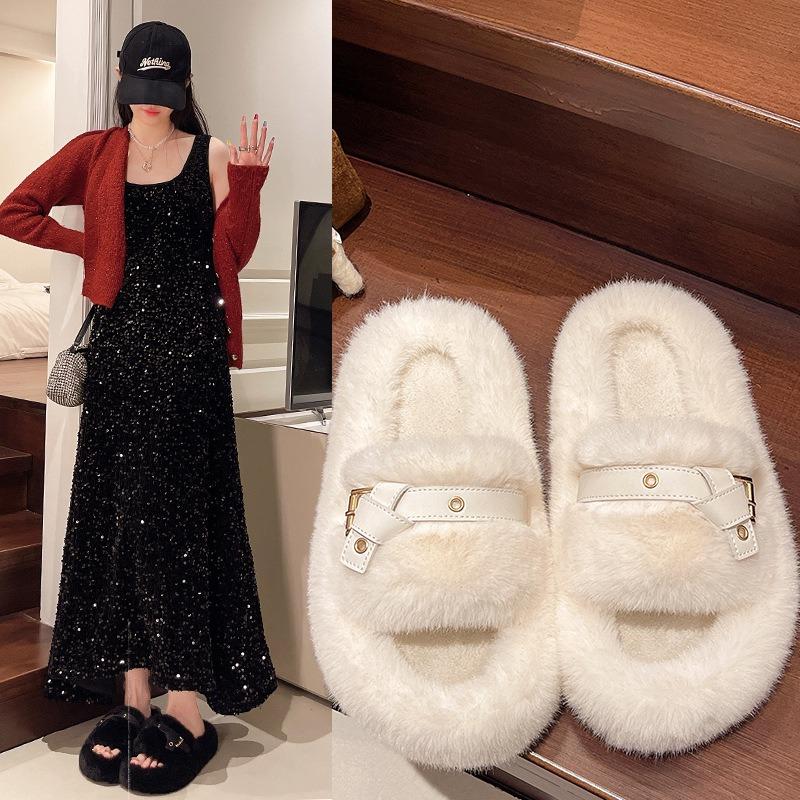 Women's Autumn and Winter New Fur Slippers Fashion Wear Belt Buckle Cotton Slippers
