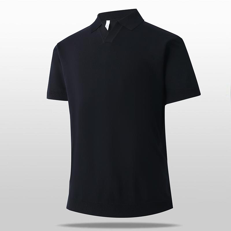 Men's V-shaped Lapel Ice Silk Knitted Short-sleeved Polo Shirt Commuter Shoulder Polo Shirt T-shirt