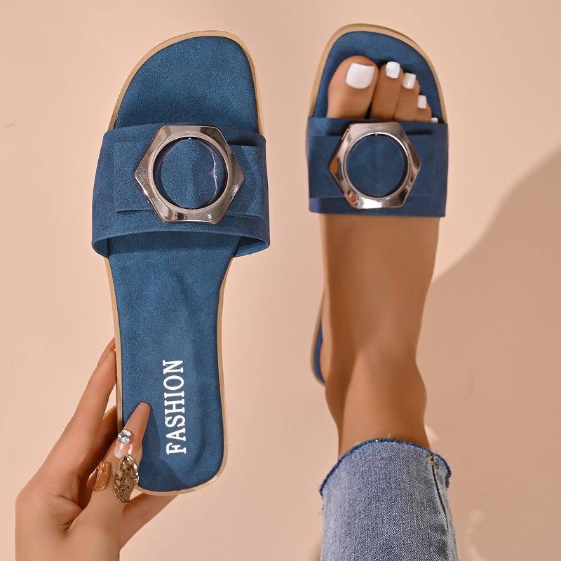 Able Summer Comfortable Breathable Slippers Large Flat Sandals Casual Open Toed Metal Buckle Women's Shoes 35-43