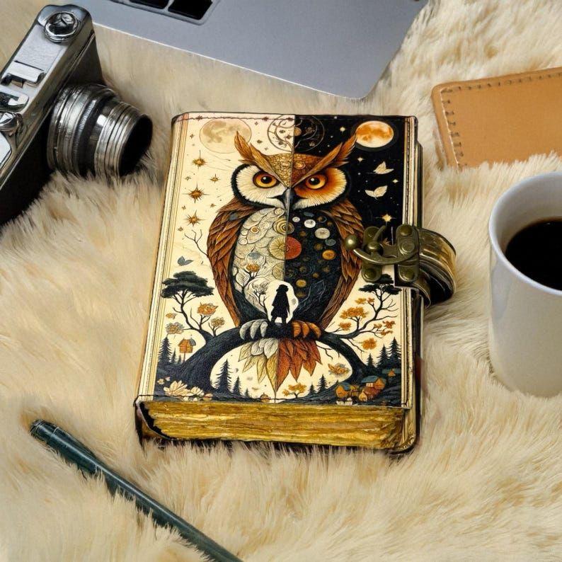 Handmade Leather Owl Journal with Lock – Vintage Refillable Diary, Gift for Writers