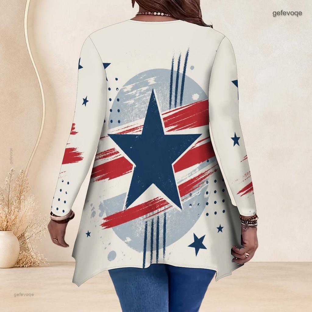Women Plus Size V Neck Long Sleeve Printed Asymmetric Hem Flared Tunic Top