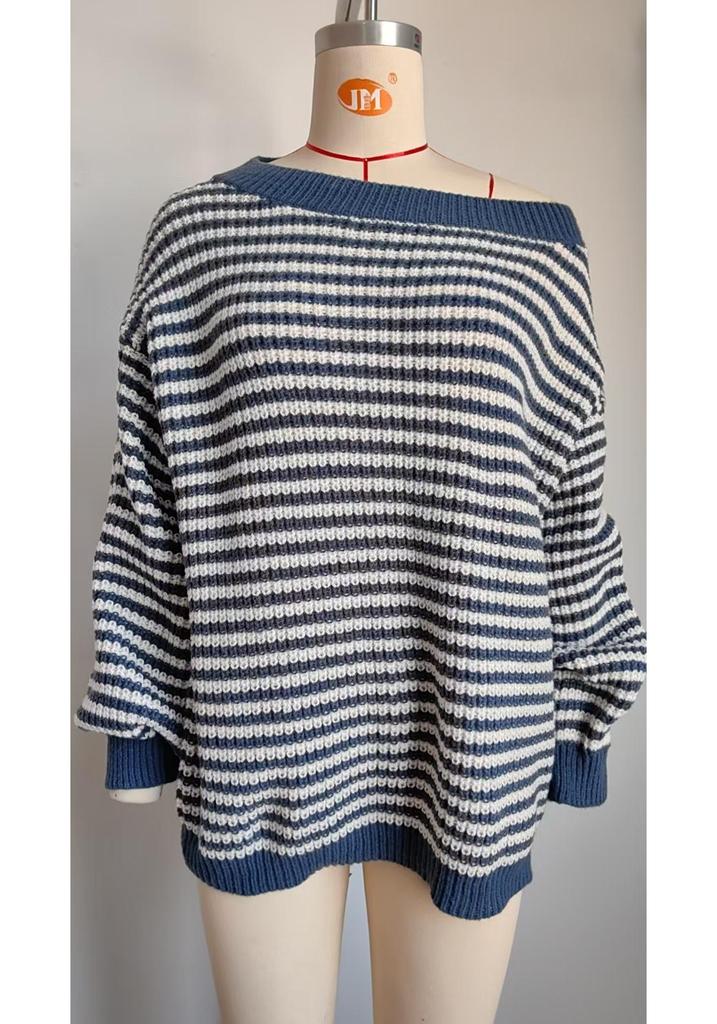 Elegant European One-Shoulder Striped Knit Sweater for Women