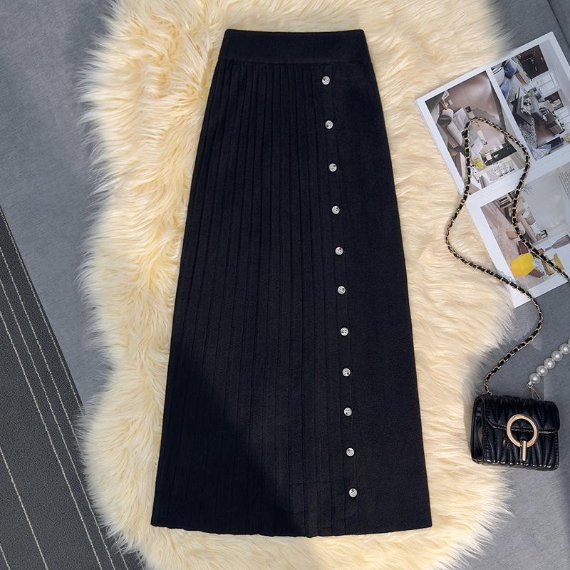 

Трикотажная юбка осень-зима 2025 г. Юбка с мелкими складками и разрезом на бедрах Юбка с пуговицами Прямая юбка One size