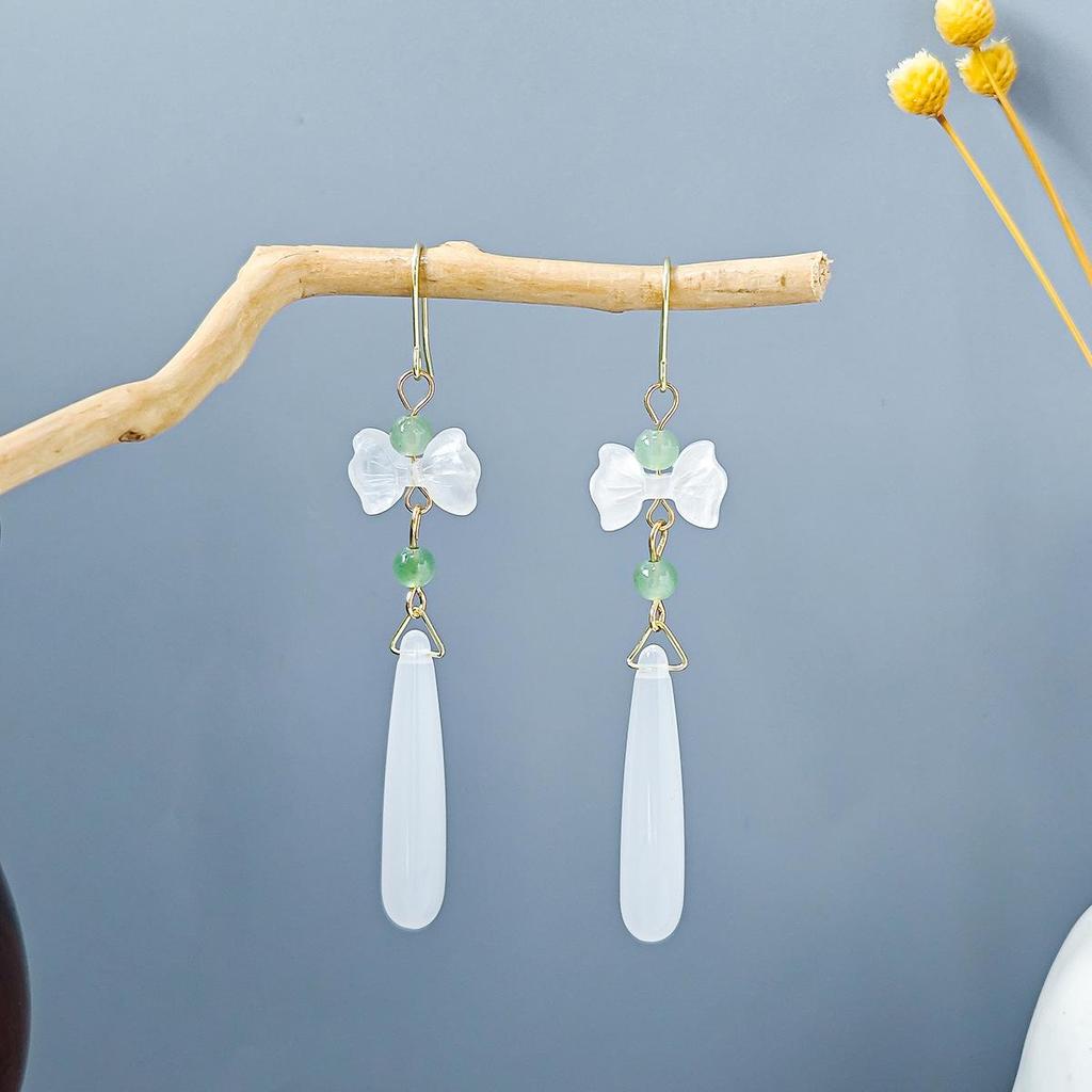 Ancient Chinese Style Beaded Tassel Earrings with Flower Fan and Bowknot