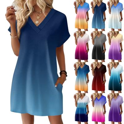 Women's Fashion Gradient Print V-Neck Short Sleeve Pocket Casual Pullover Dress