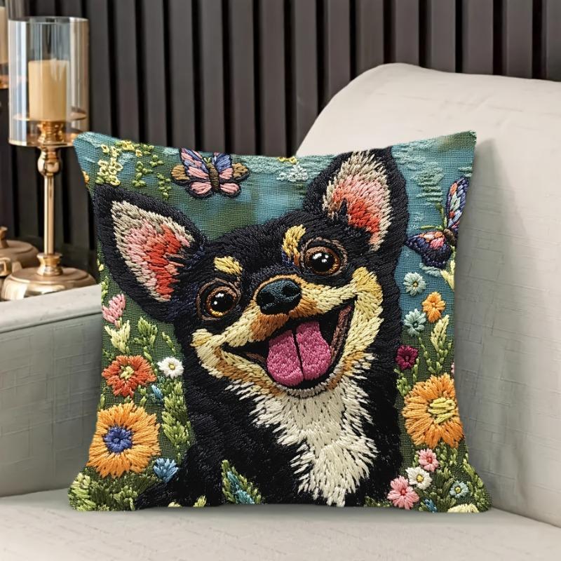 Jessica Chen Unisex Chihuahua & Floral Cushion Covers Chair Living Room Pillowcase Cozy Zipper Sofa Pillow Covers Bedroom Indoor Home Decor