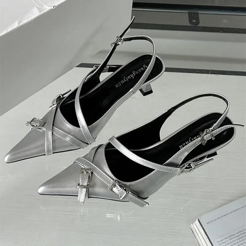 Fashion Fashion Belt Buckle Design Slingback Low Heel Sandals Women Sexy Pointed Toe Thin High Heels Summer Elegant Party Dress Shoes