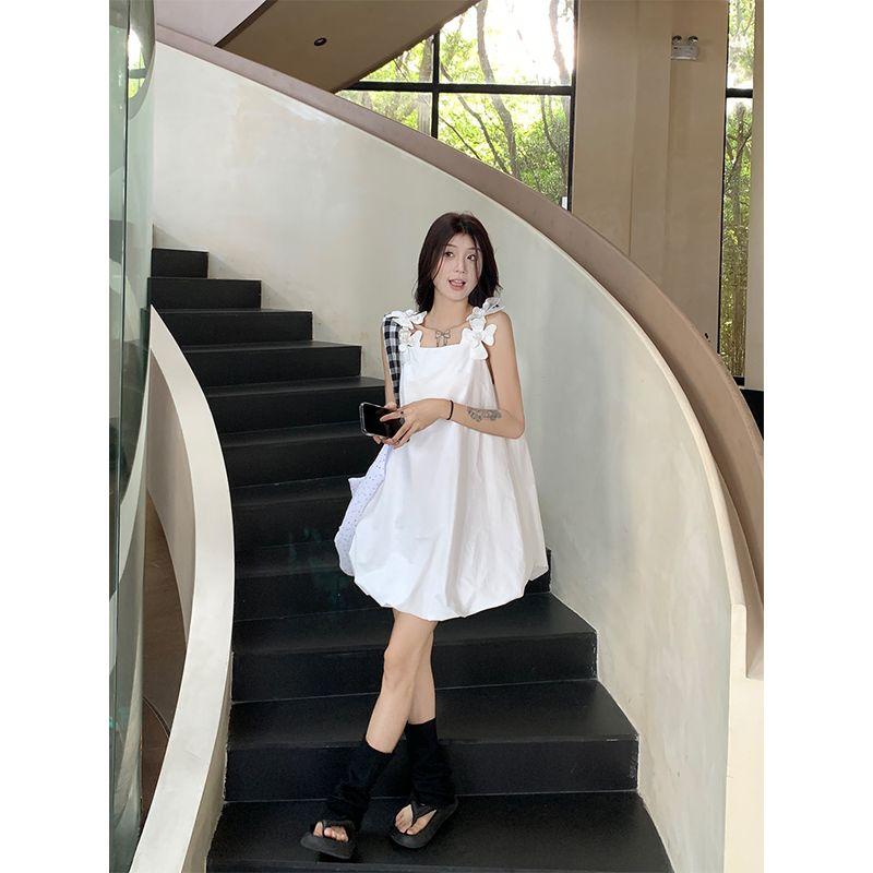 Kumikumi Niche Three-Dimensional Flower Sling One piece Dress Women clothing Summer Sweet Age-Reducing White Flower Bud Skirt Short dress