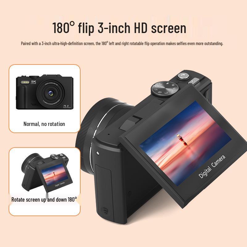 3-inch Flip Screen WiFi Beauty HD Camera, 75MP, 5K Video, 18x Zoom