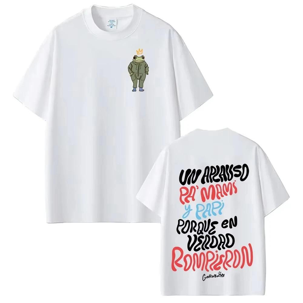 

Oversized Black Cotton Casual Streetwear T-Shirt with Garabaito’s Crown Frog Cartoon and Spanish Lyrics Double-Sided Graphic Print 4XL