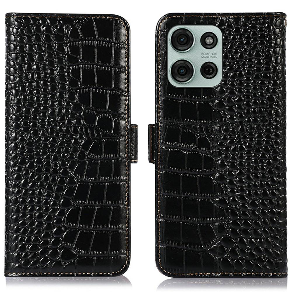 

For Motorola Moto G75 5G Case Crocodile Texture Genuine Cow Leather Phone Wallet Cover A