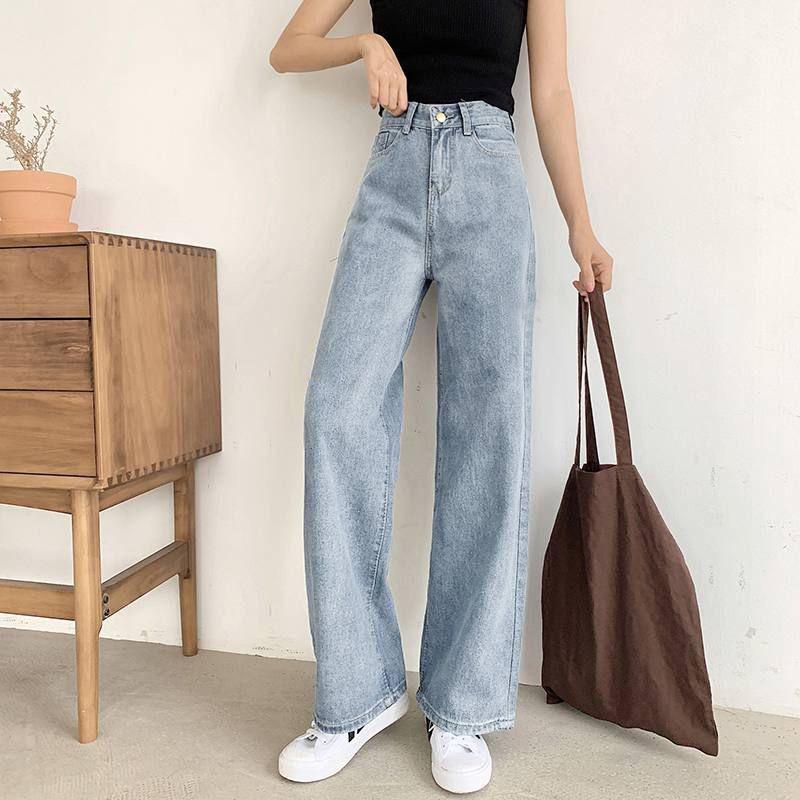 Women's High-Waist Wide-Leg Floor-Length Jeans, Retro Hong Kong Style for Autumn/Winter 2023.
